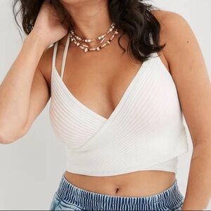 Aerie Ribbed Crossover Crop Top Y2K Neutral Elevated Basic Wrap Cottagecore Sz S